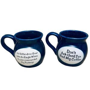 Set Of 2 Crazy Jokes Blue Pottery Coffee Cups Mugs.